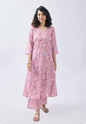 Pink Floral Printed Vneck Threequarter Sleeves Kurti With Palazzos Set