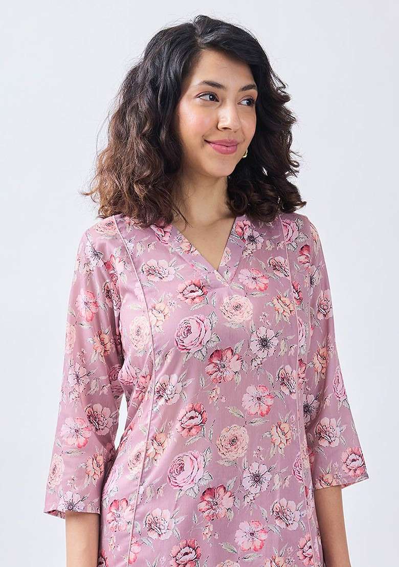Pink Floral Printed Vneck Threequarter Sleeves Kurti With Palazzos Set - Indya