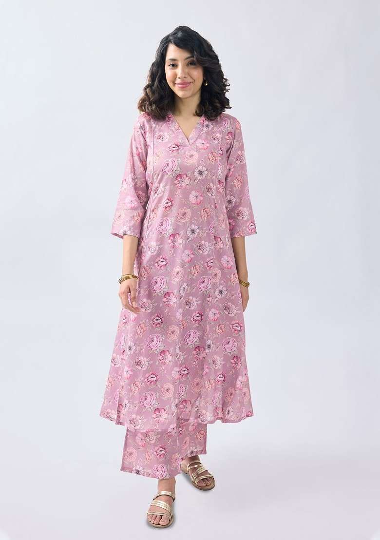Pink Floral Printed Vneck Threequarter Sleeves Kurti With Palazzos Set - Indya
