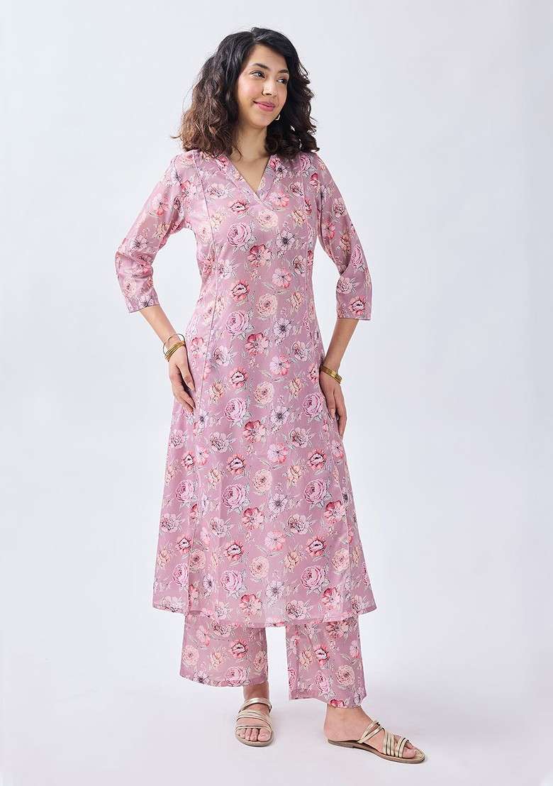 Pink Floral Printed Vneck Threequarter Sleeves Kurti With Palazzos Set - Indya