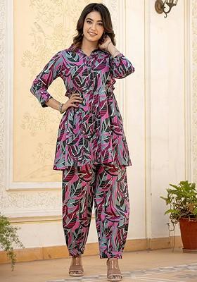 Purple Floral Printed Shirt Collar Roll Up Sleeves Pure Cotton Top And Trouser