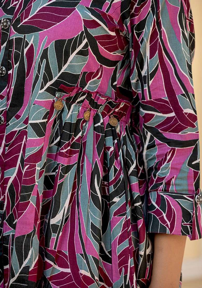 Purple Floral Printed Shirt Collar Roll Up Sleeves Pure Cotton Top And Trouser - Indya