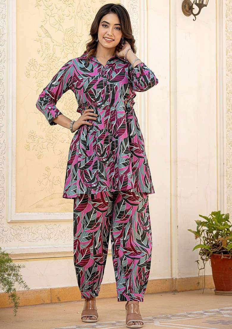 Purple Floral Printed Shirt Collar Roll Up Sleeves Pure Cotton Top And Trouser - Indya