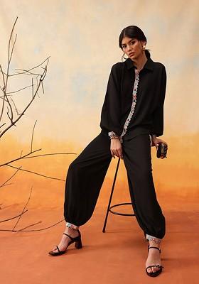Black Mandarin Collar Shirt With Trousers