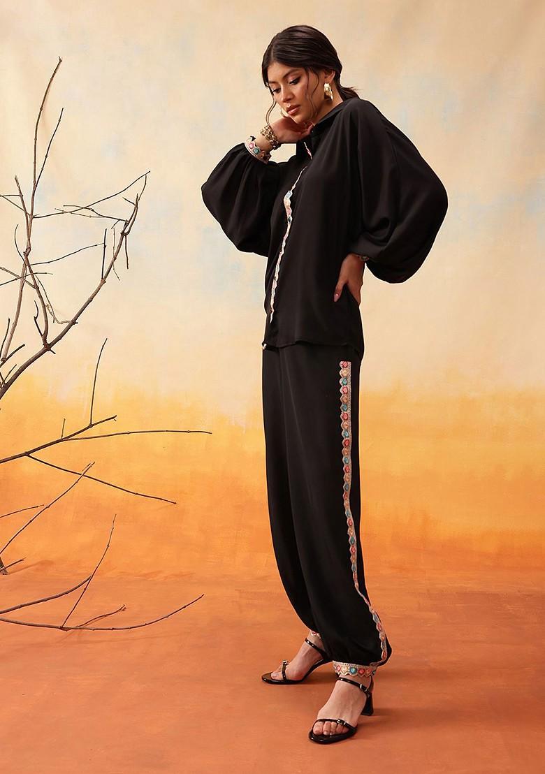 Black Mandarin Collar Shirt With Trousers