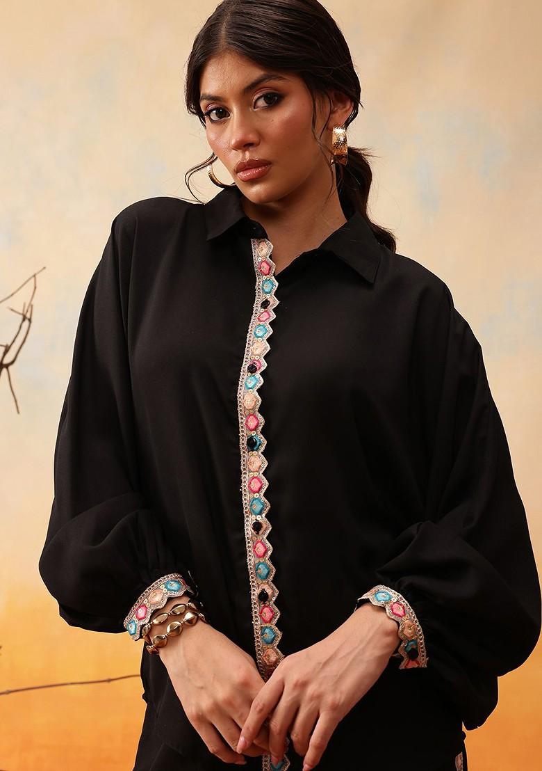 Black Mandarin Collar Shirt With Trousers