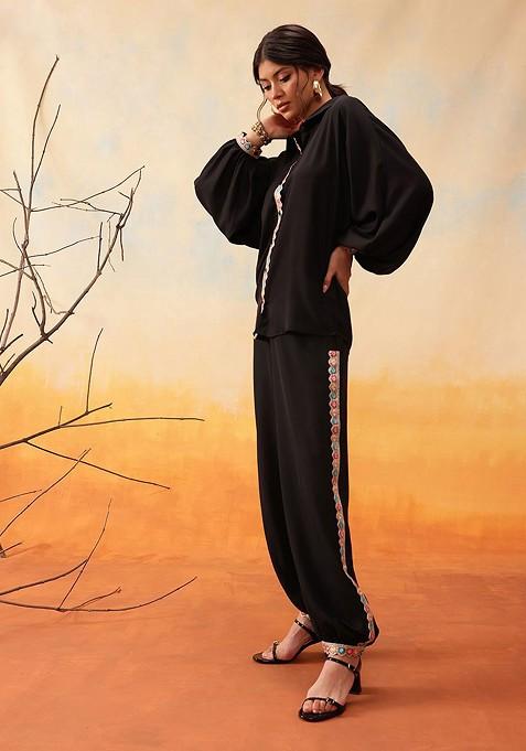 Black Mandarin Collar Shirt With Trousers