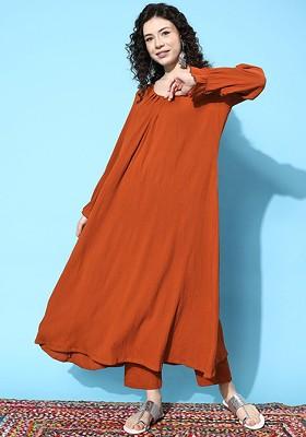 Rust Rust A Line Balloon Sleeve Kurta With Trouser