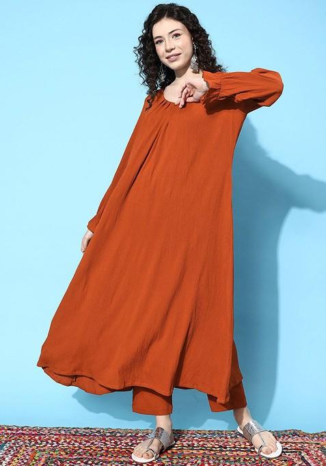 Rust Rust A Line Balloon Sleeve Kurta With Trouser