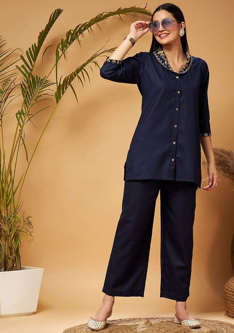 Navy Blue Embroidered Shawl Collar Tunic Top With Palazzos Coords - Indya