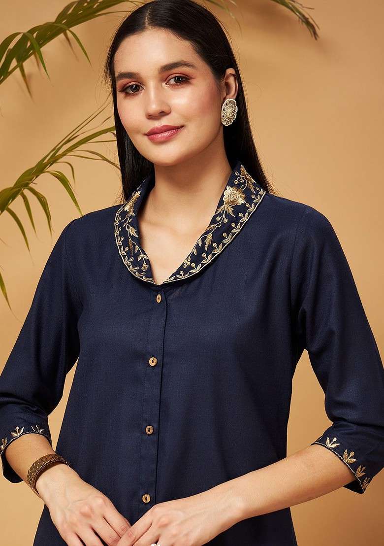Navy Blue Embroidered Shawl Collar Tunic Top With Palazzos Coords - Indya