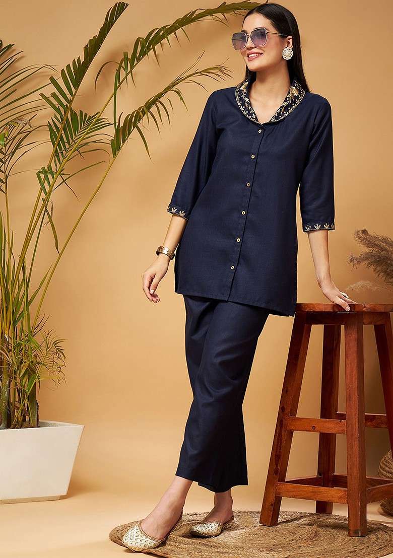 Navy Blue Embroidered Shawl Collar Tunic Top With Palazzos Coords - Indya
