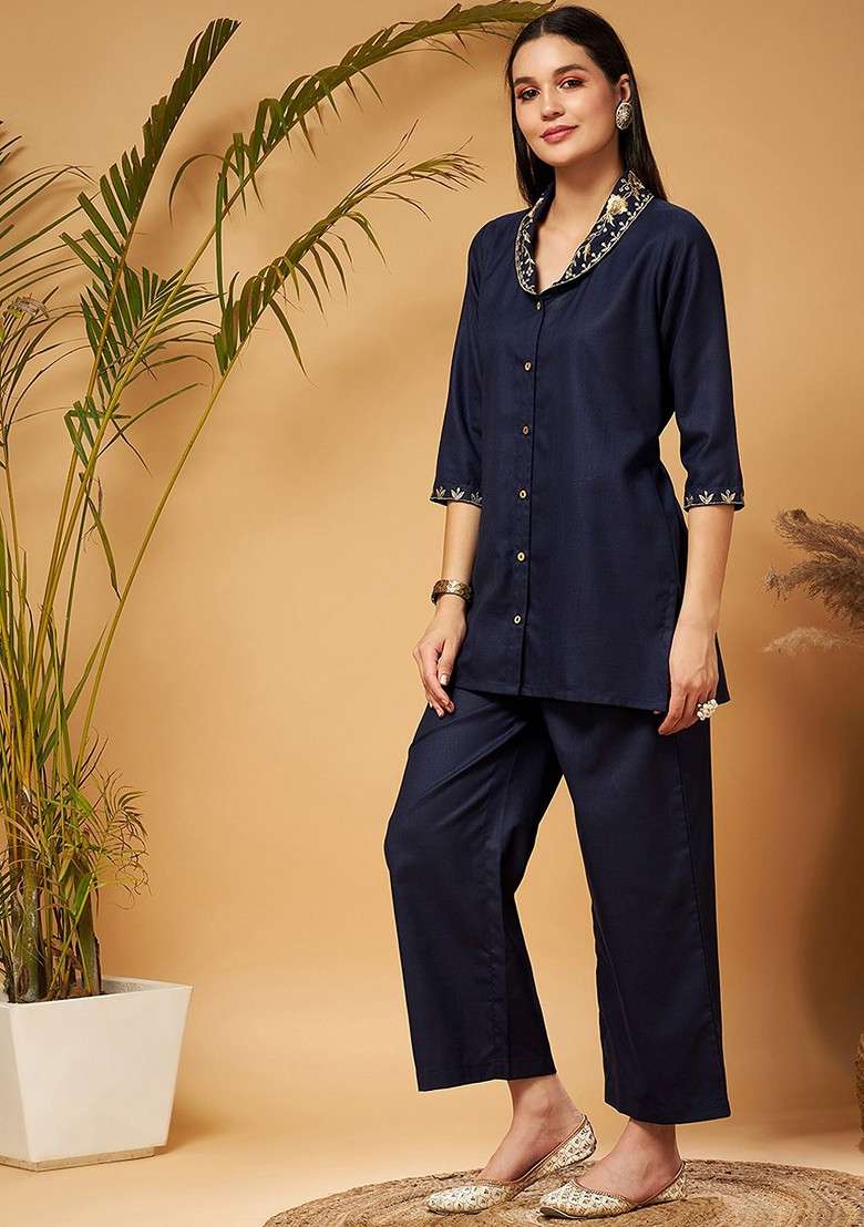 Navy Blue Embroidered Shawl Collar Tunic Top With Palazzos Coords - Indya