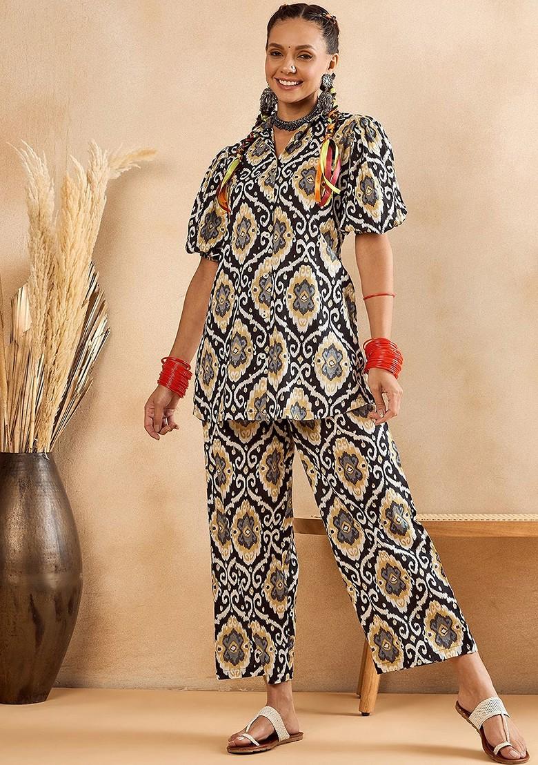 Black Ethnic Motifs Printed Pure Cotton Shirt And Trousers And Scrunchie