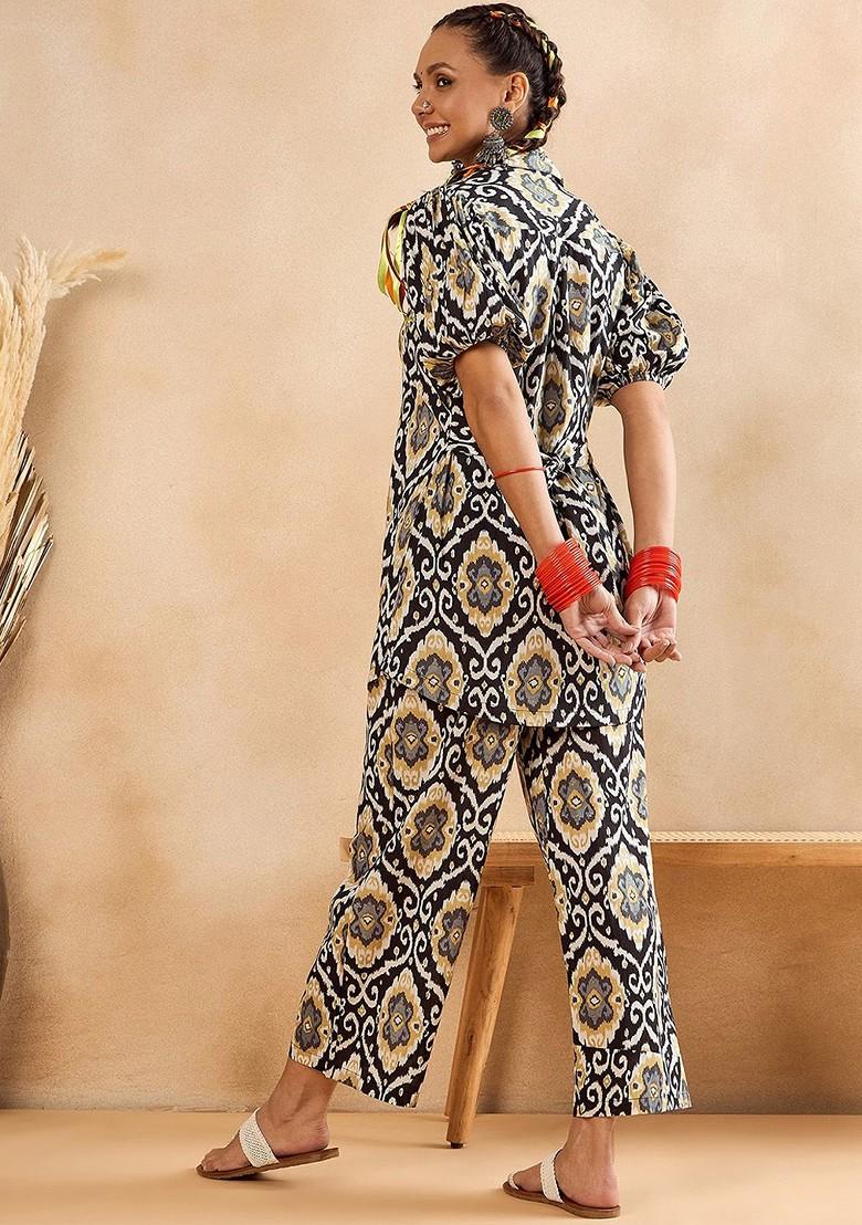 Black Ethnic Motifs Printed Pure Cotton Shirt And Trousers And Scrunchie