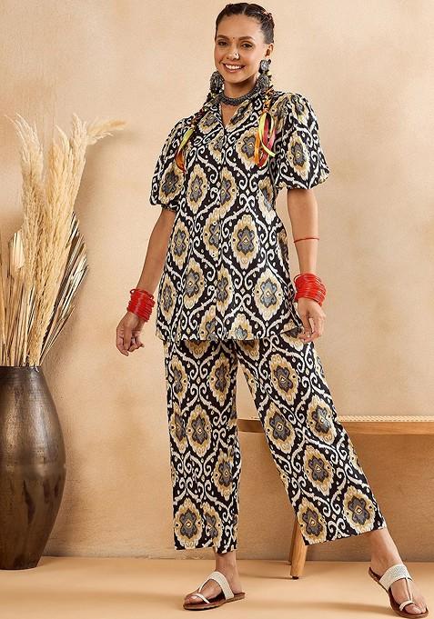 Black Ethnic Motifs Printed Pure Cotton Shirt And Trousers And Scrunchie