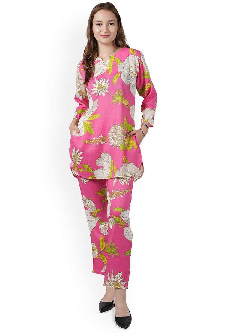 Pink Floral Printed Notched Neck Tunic With Trouser - Indya