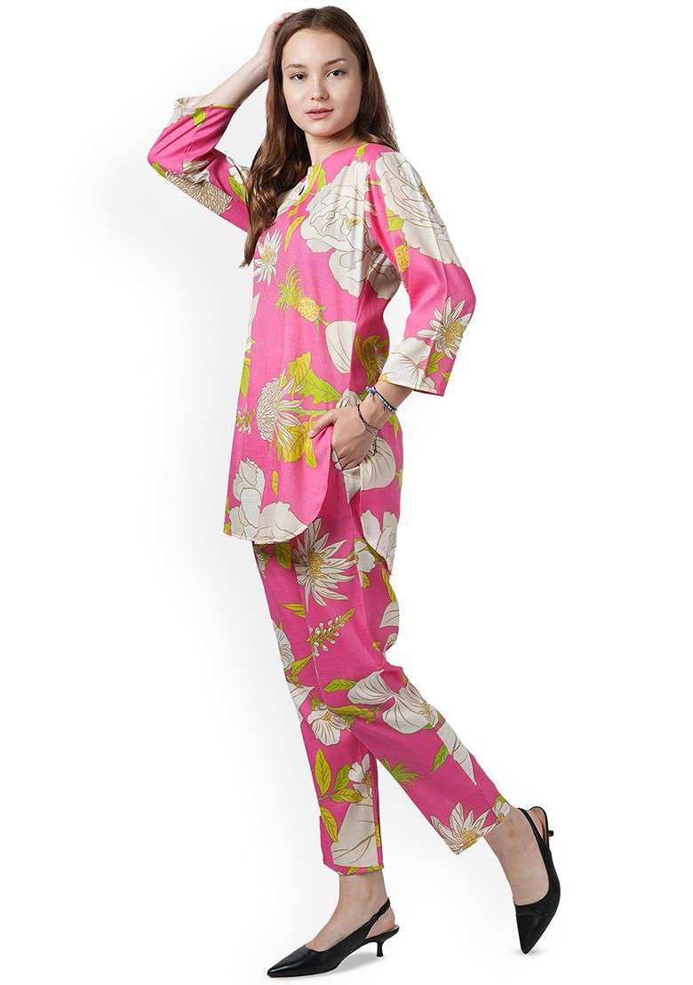Pink Floral Printed Notched Neck Tunic With Trouser - Indya
