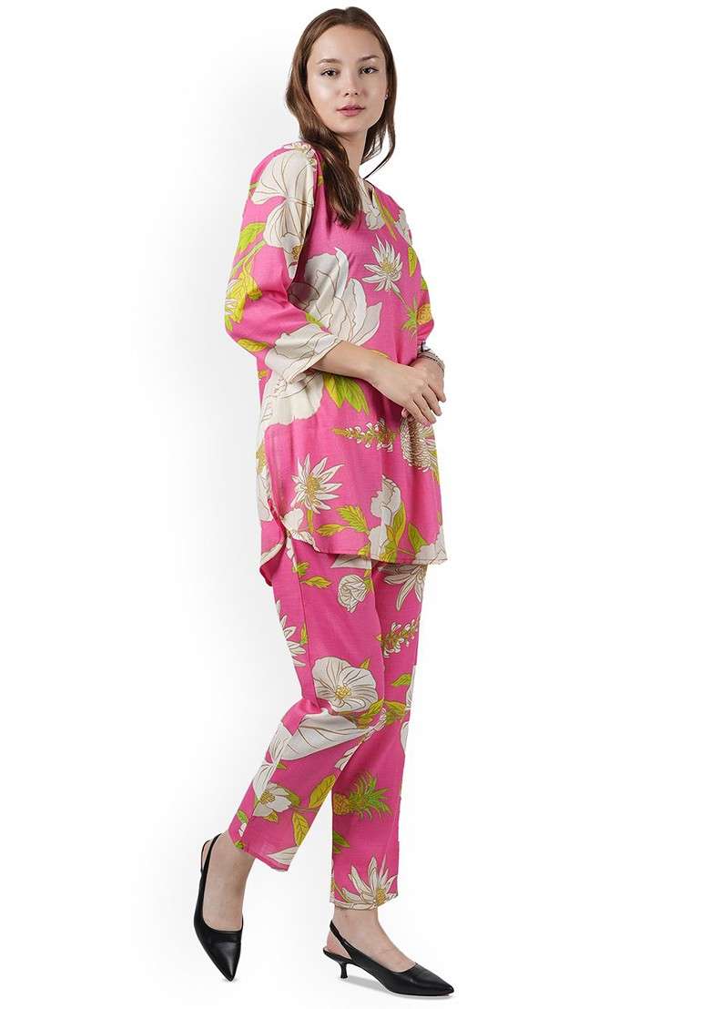 Pink Floral Printed Notched Neck Tunic With Trouser - Indya
