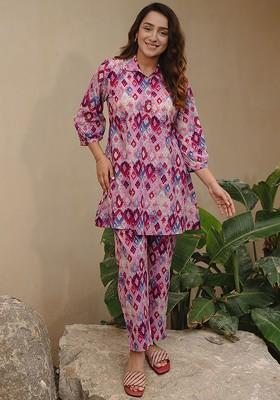 Pink Geometric Printed Shirt Collar Threequarter Sleeves Top With Trouser