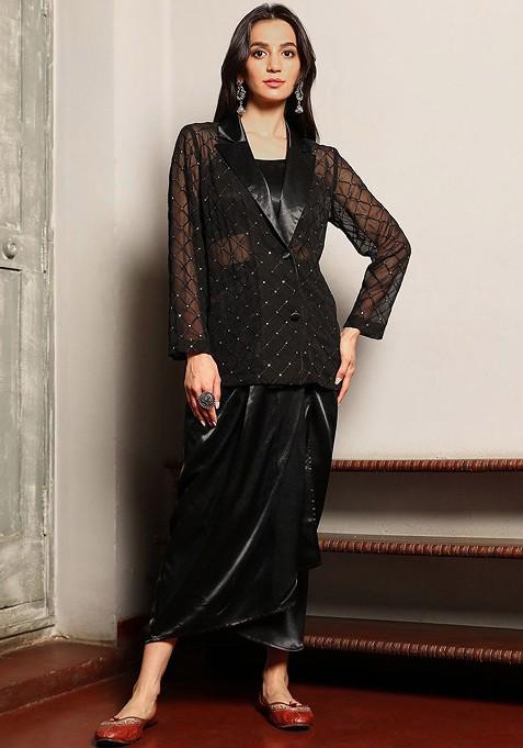 Black Embellished Shirt Collar Top And Skirt With Jacket