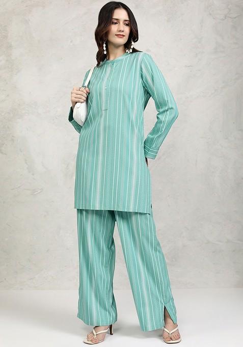 Turquoise Blue Turquoise Blue Striped Band Collar Long Sleeves Top With Palazzo