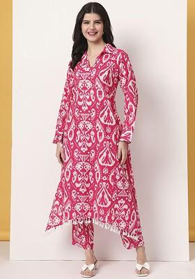 Pink Ikat Printed Pure Cotton Tunic And Trouser Coord Set
