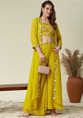 Yellow Colors Of Earth Embroidered Square Neck Top With Palazzos And Shrug Coords