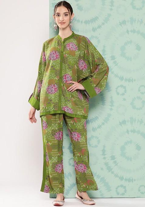 Green Floral Printed Coord Set — view on Indya