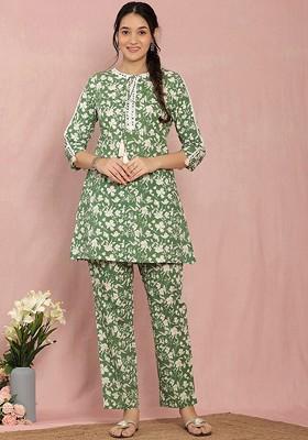 Green Floral Printed Pure Cotton Aline Tunic With Trousers