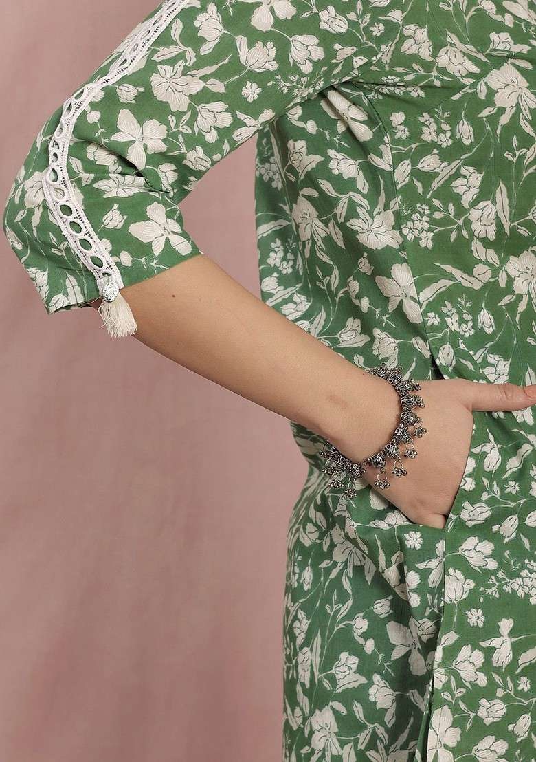 Green Floral Printed Pure Cotton Aline Tunic With Trousers - Indya