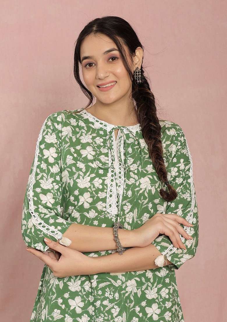 Green Floral Printed Pure Cotton Aline Tunic With Trousers - Indya