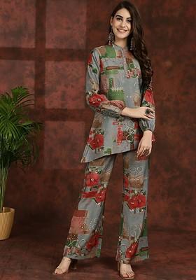 Grey Grey Abstract Printed Mandarin Collar Tunic With Flared Palazzos
