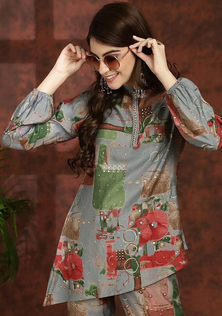 Grey Grey Abstract Printed Mandarin Collar Tunic With Flared Palazzos