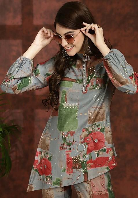 Grey Grey Abstract Printed Mandarin Collar Tunic With Flared Palazzos