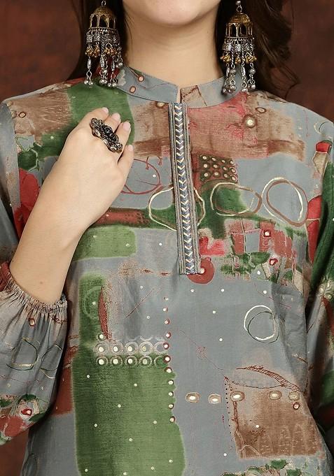 Grey Grey Abstract Printed Mandarin Collar Tunic With Flared Palazzos