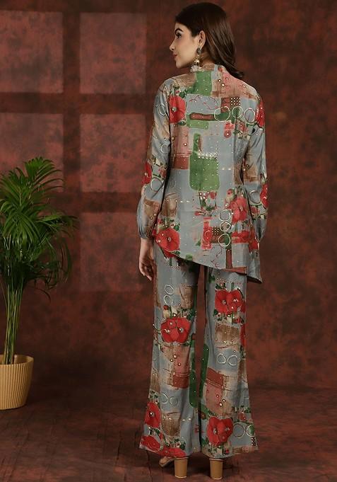 Grey Grey Abstract Printed Mandarin Collar Tunic With Flared Palazzos