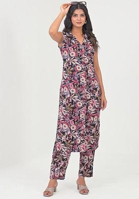 Black Printed Shirt Collar Tunic With Trousers Coords