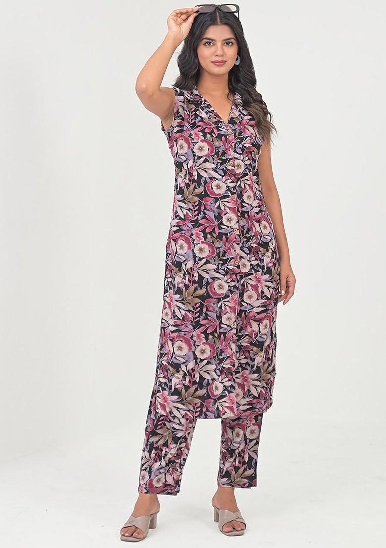 Black Printed Shirt Collar Tunic With Trousers Coords