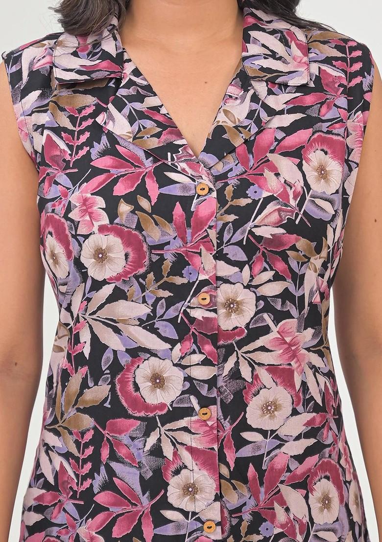 Black Printed Shirt Collar Tunic With Trousers Coords