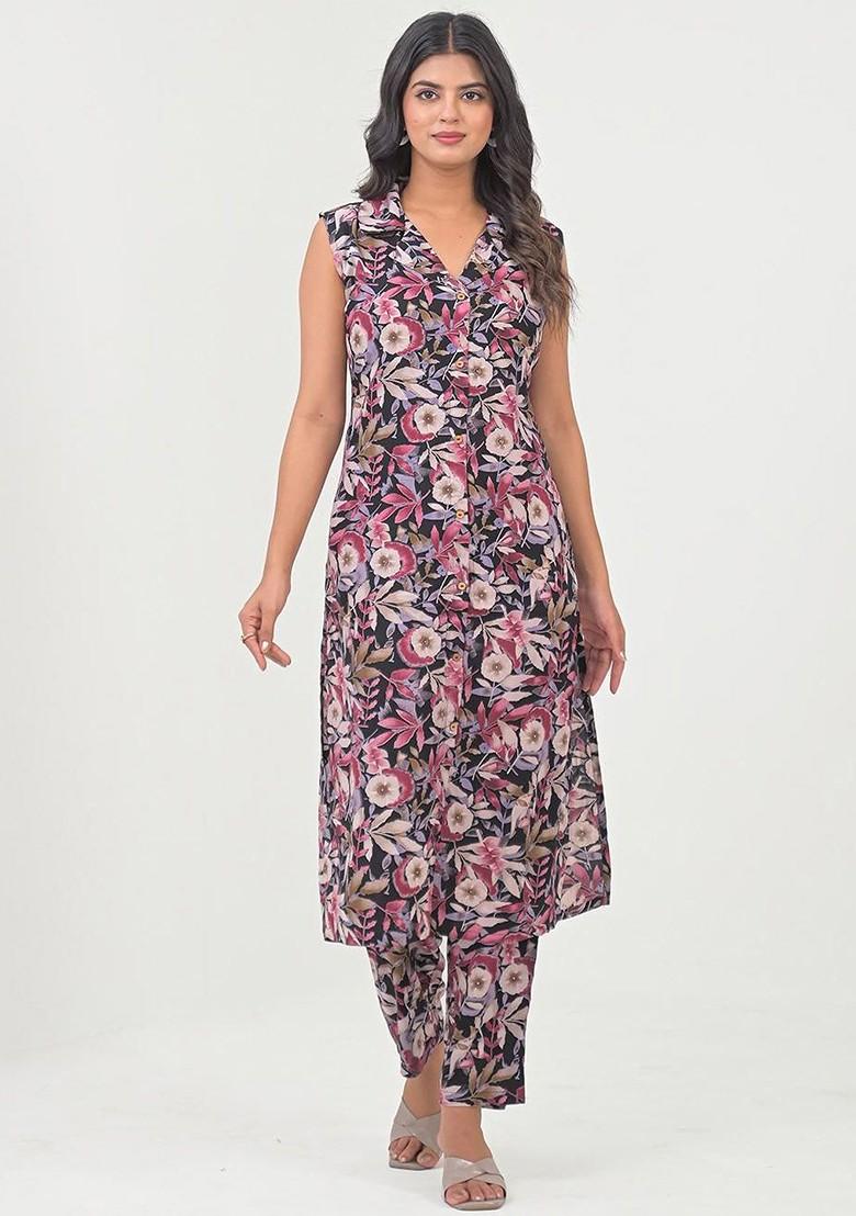 Black Printed Shirt Collar Tunic With Trousers Coords