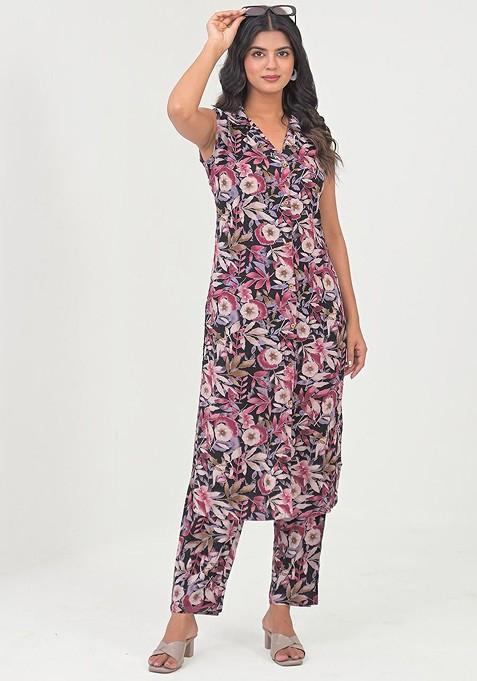 Black Printed Shirt Collar Tunic With Trousers Coords