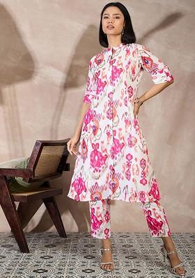Pink Ethnic Motifs Printed Mandarin Collar Aline Kurta With Trousers