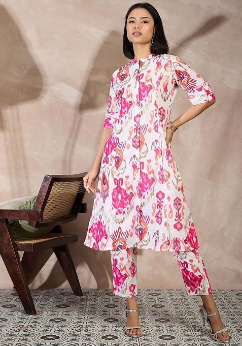 Pink Ethnic Motifs Printed Mandarin Collar Aline Kurta With Trousers