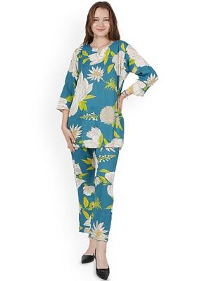 Blue Floral Printed Notched Neck Tunic With Trouser