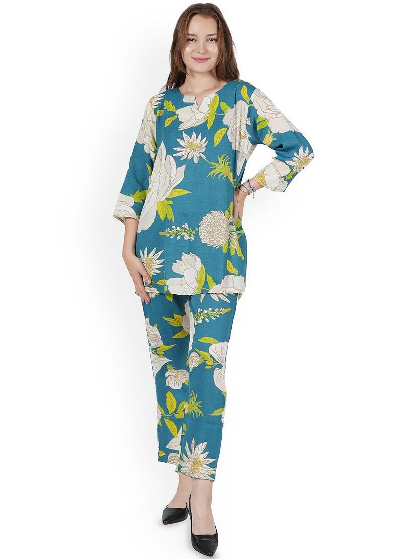 Blue Floral Printed Notched Neck Tunic With Trouser
