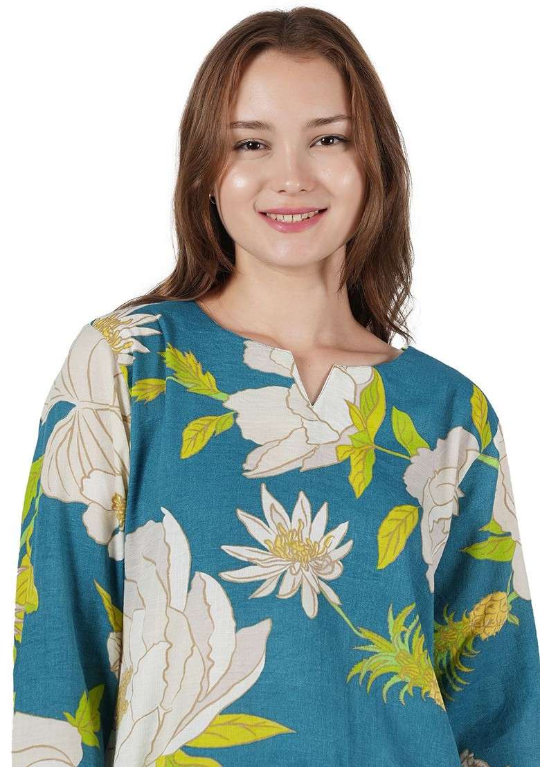 Blue Floral Printed Notched Neck Tunic With Trouser - Indya