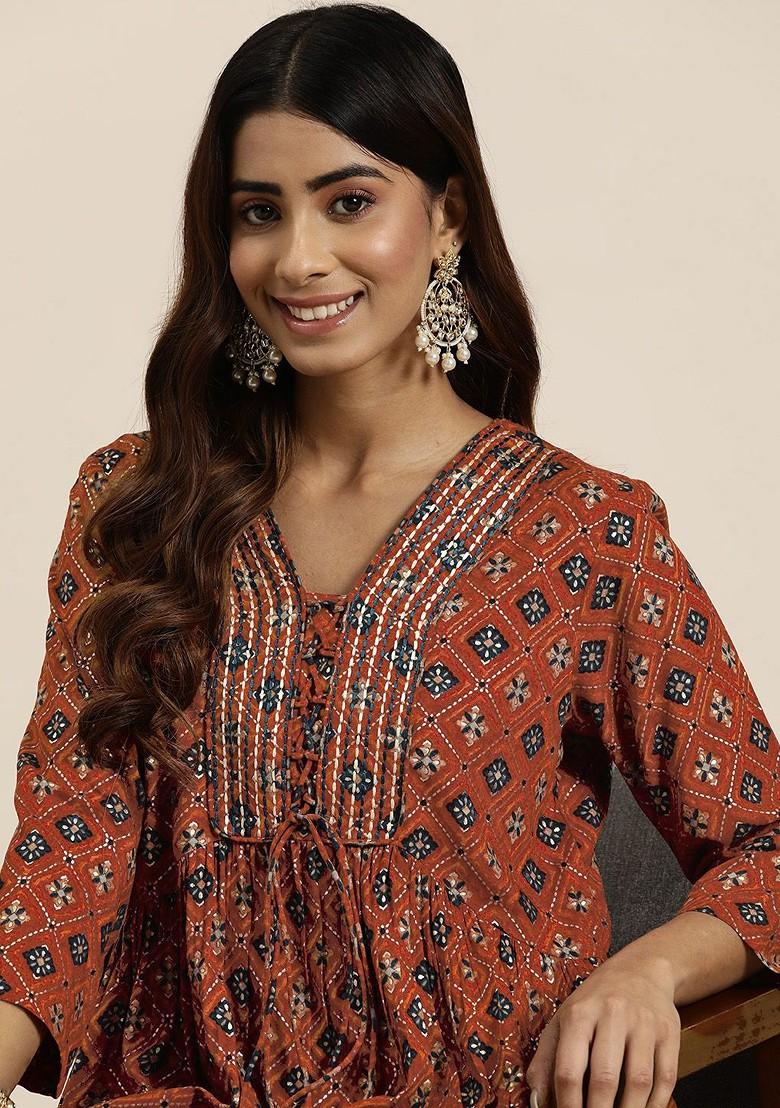 Rust Women Embroidered Tunic With Trousers