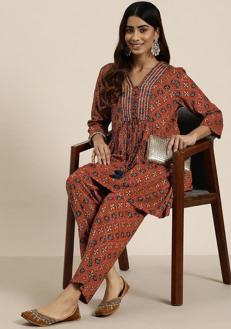 Rust Women Embroidered Tunic With Trousers