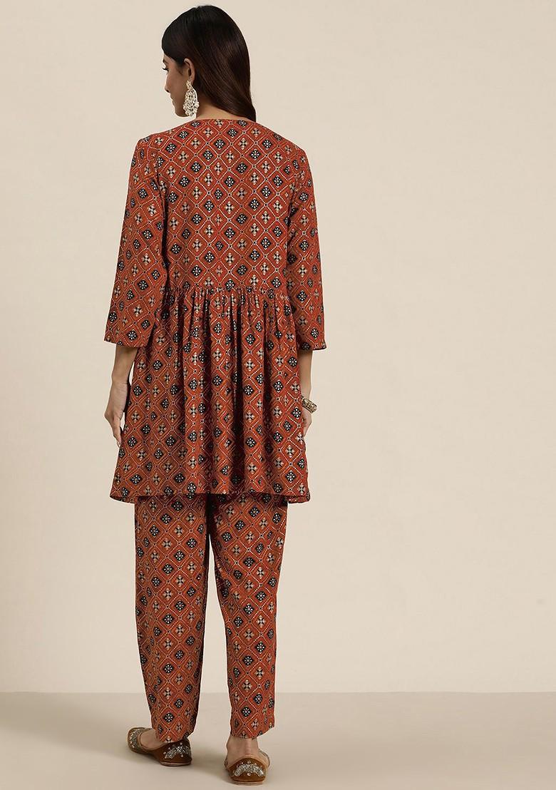 Rust Women Embroidered Tunic With Trousers